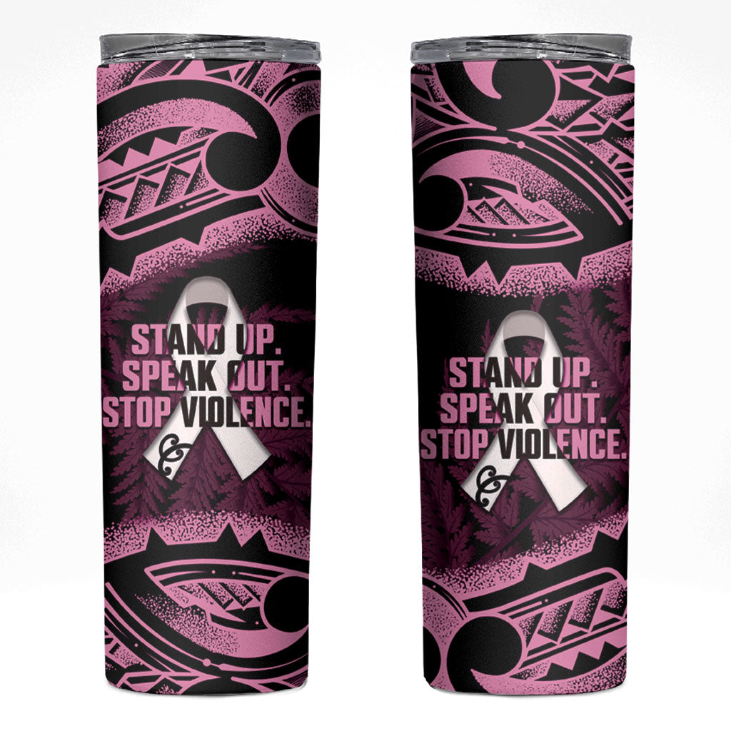 White Ribbon Day New Zealand Skinny Tumbler Respect Women Maori Pattern Pink