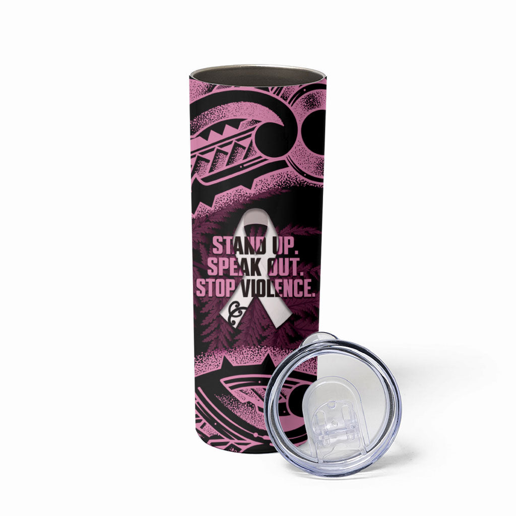 White Ribbon Day New Zealand Skinny Tumbler Respect Women Maori Pattern Pink