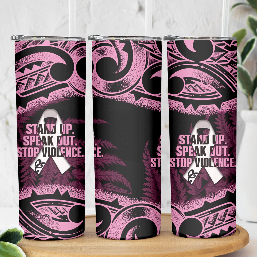 White Ribbon Day New Zealand Skinny Tumbler Respect Women Maori Pattern Pink