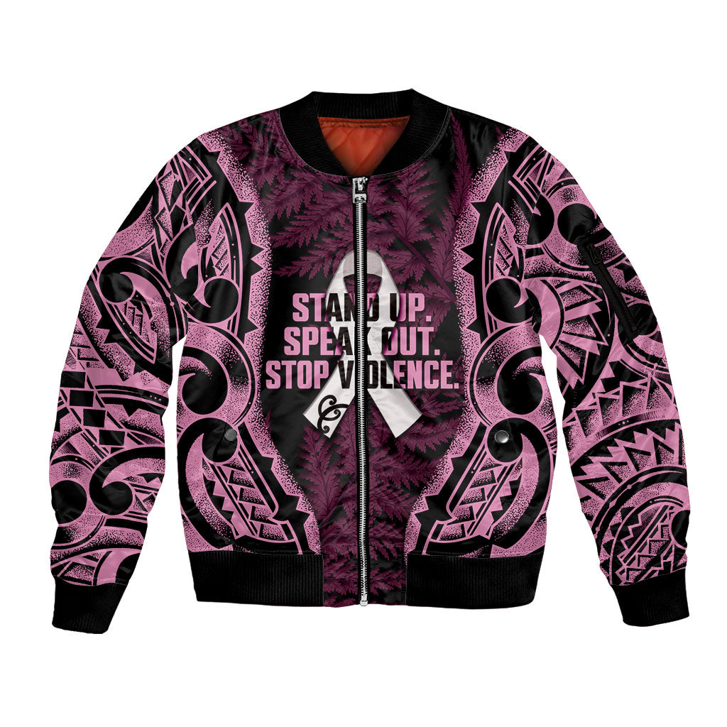 White Ribbon Day New Zealand Sleeve Zip Bomber Jacket Respect Women Maori Pattern Pink