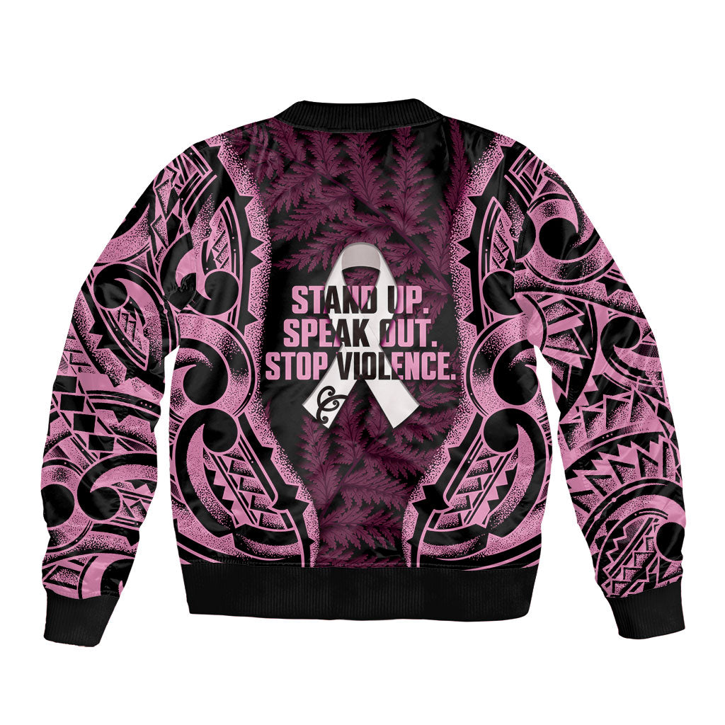 White Ribbon Day New Zealand Sleeve Zip Bomber Jacket Respect Women Maori Pattern Pink