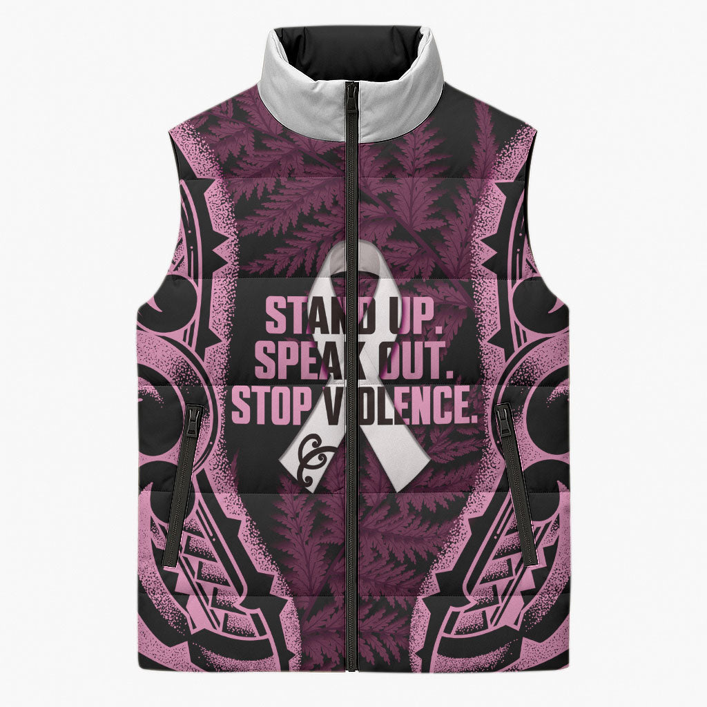 White Ribbon Day New Zealand Sleeveless Puffer Jacket Respect Women Maori Pattern Pink