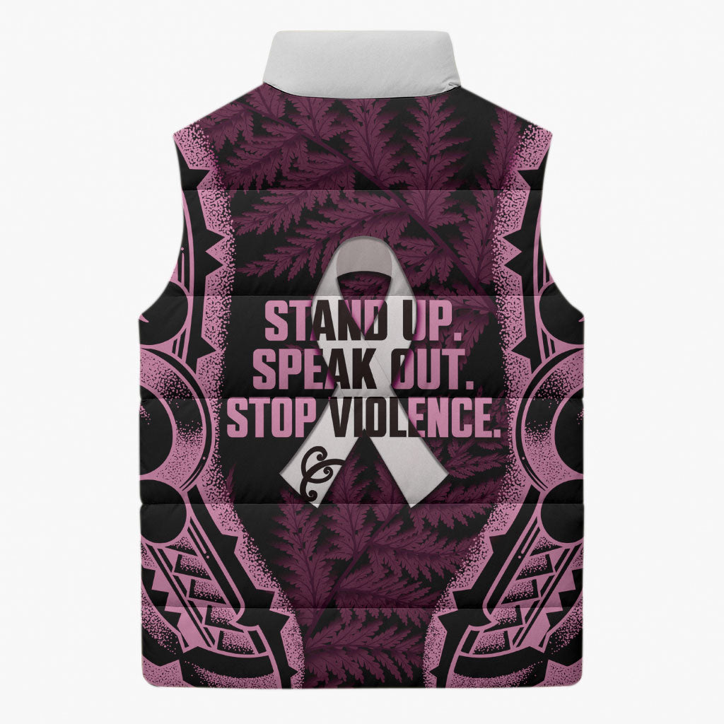 White Ribbon Day New Zealand Sleeveless Puffer Jacket Respect Women Maori Pattern Pink