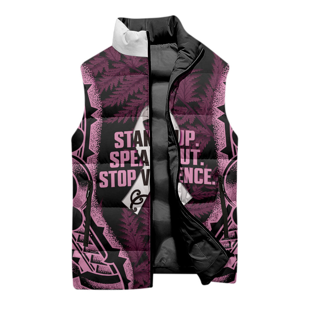 White Ribbon Day New Zealand Sleeveless Puffer Jacket Respect Women Maori Pattern Pink