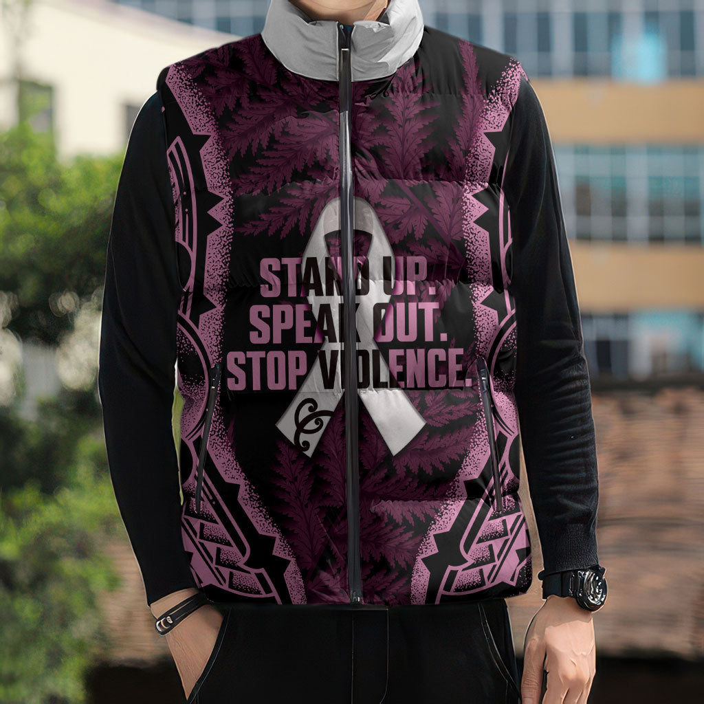 White Ribbon Day New Zealand Sleeveless Puffer Jacket Respect Women Maori Pattern Pink
