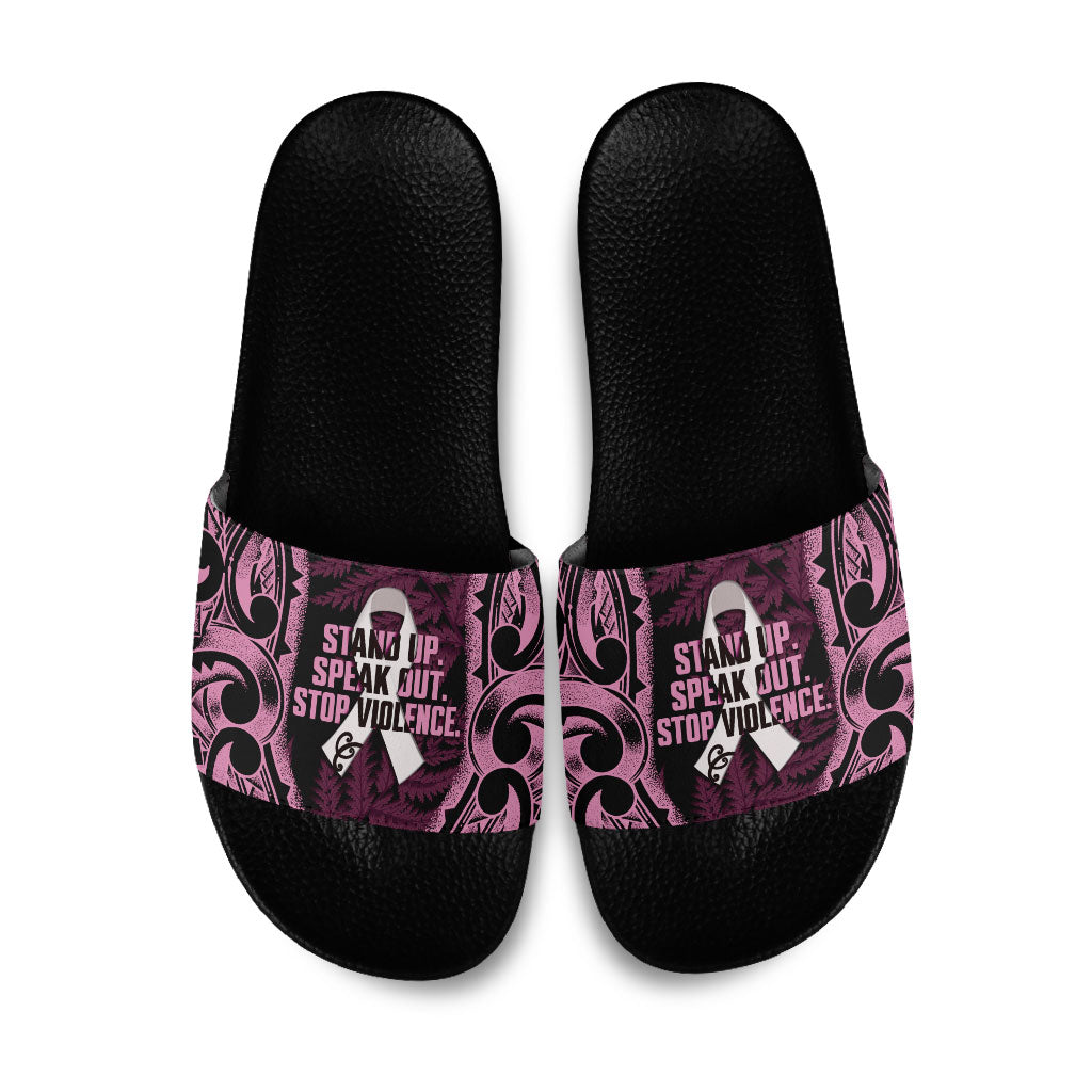 White Ribbon Day New Zealand Slide Sandals Respect Women Maori Pattern Pink