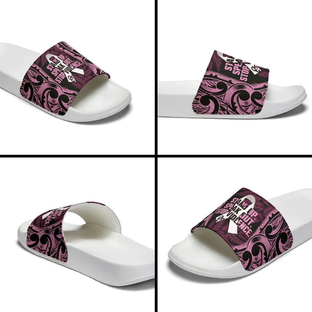 White Ribbon Day New Zealand Slide Sandals Respect Women Maori Pattern Pink