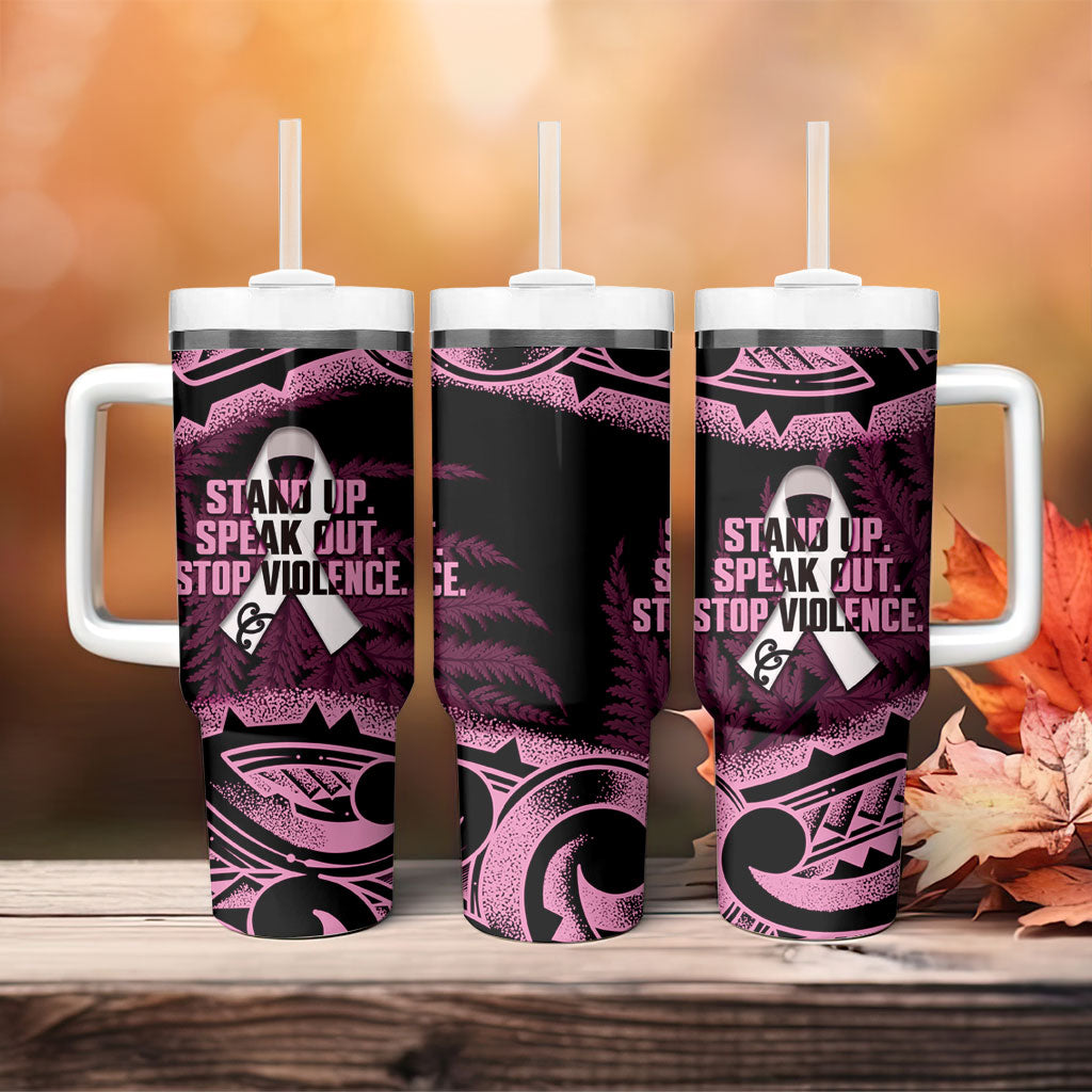 White Ribbon Day New Zealand Tumbler With Handle Respect Women Maori Pattern Pink