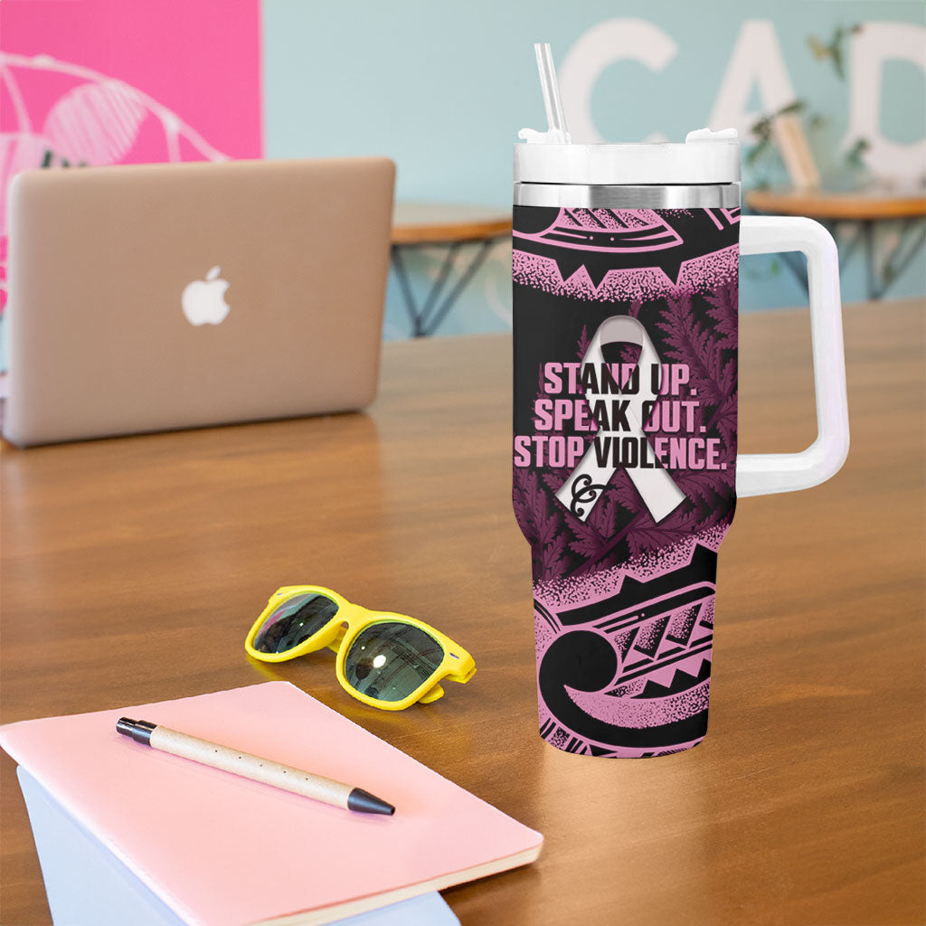 White Ribbon Day New Zealand Tumbler With Handle Respect Women Maori Pattern Pink