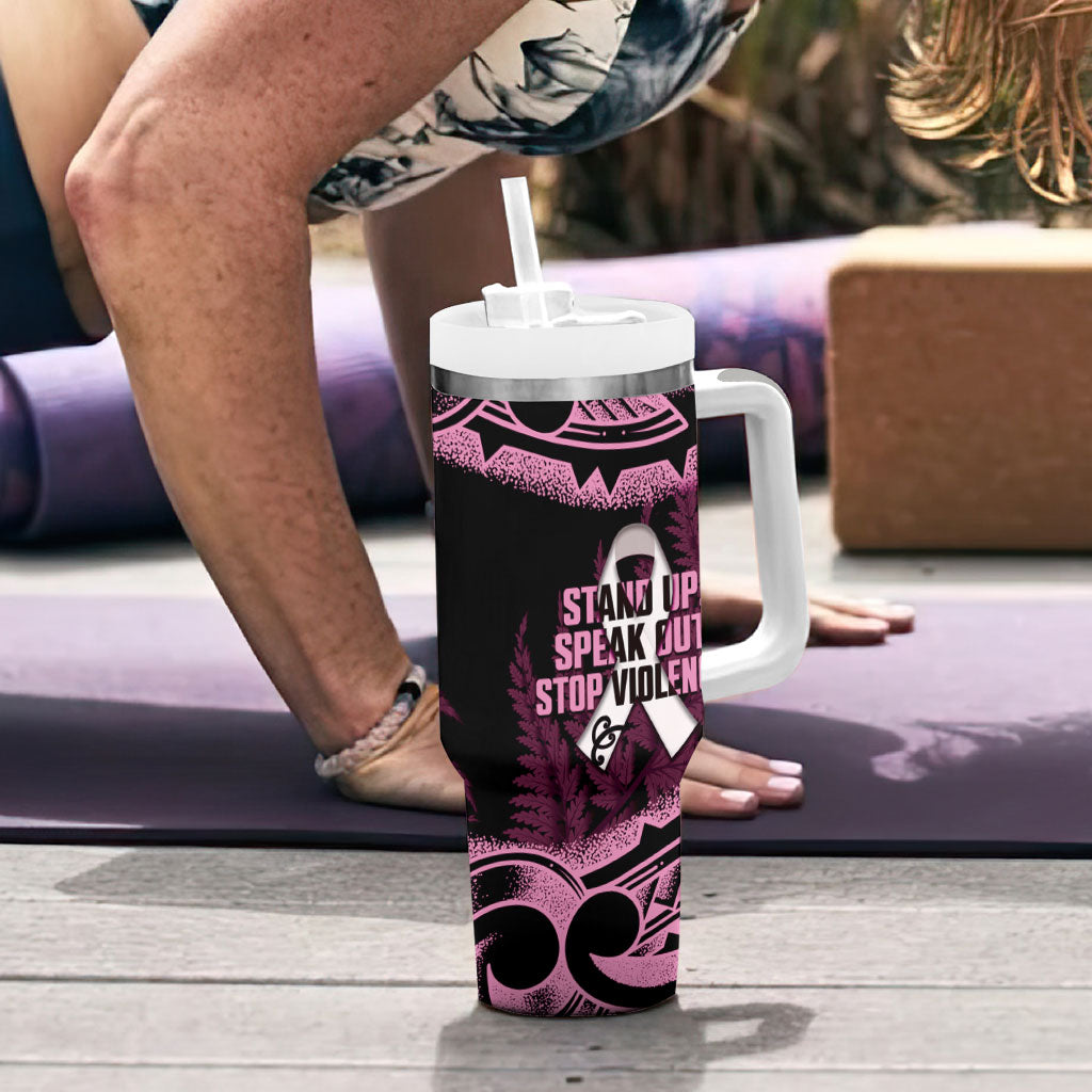 White Ribbon Day New Zealand Tumbler With Handle Respect Women Maori Pattern Pink