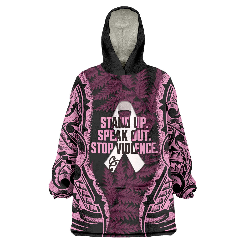 White Ribbon Day New Zealand Wearable Blanket Hoodie Respect Women Maori Pattern Pink