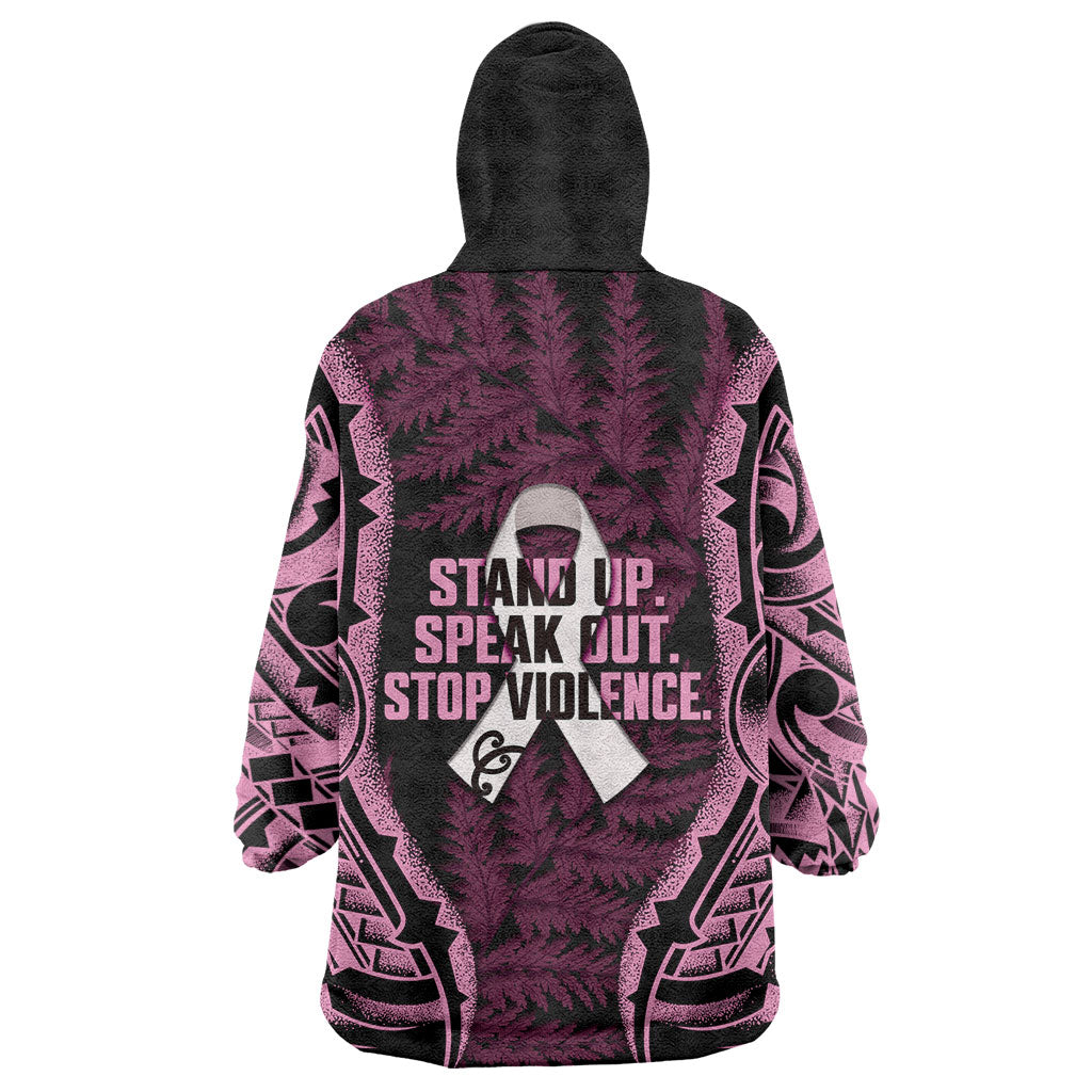 White Ribbon Day New Zealand Wearable Blanket Hoodie Respect Women Maori Pattern Pink