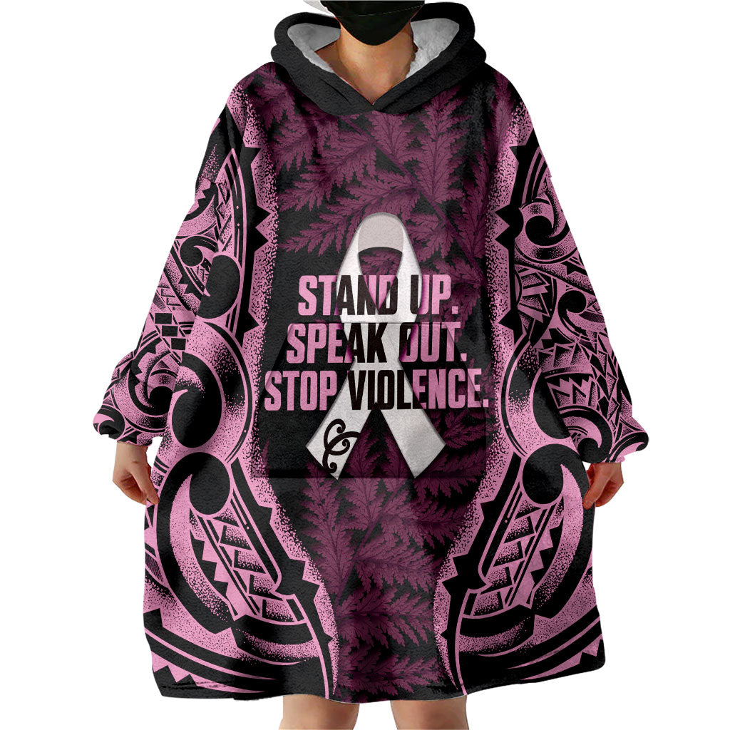 White Ribbon Day New Zealand Wearable Blanket Hoodie Respect Women Maori Pattern Pink