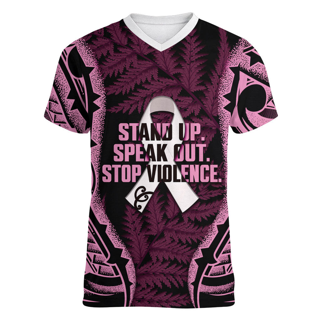 White Ribbon Day New Zealand Women V-Neck T-Shirt Respect Women Maori Pattern Pink