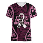 White Ribbon Day New Zealand Women V-Neck T-Shirt Respect Women Maori Pattern Pink