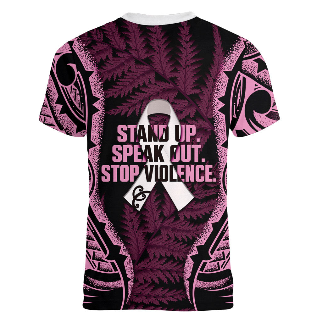 White Ribbon Day New Zealand Women V-Neck T-Shirt Respect Women Maori Pattern Pink