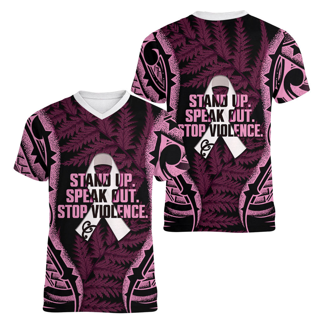 White Ribbon Day New Zealand Women V-Neck T-Shirt Respect Women Maori Pattern Pink
