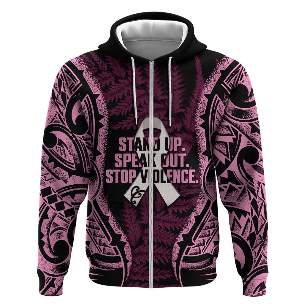 White Ribbon Day New Zealand Zip Hoodie Respect Women Maori Pattern Pink