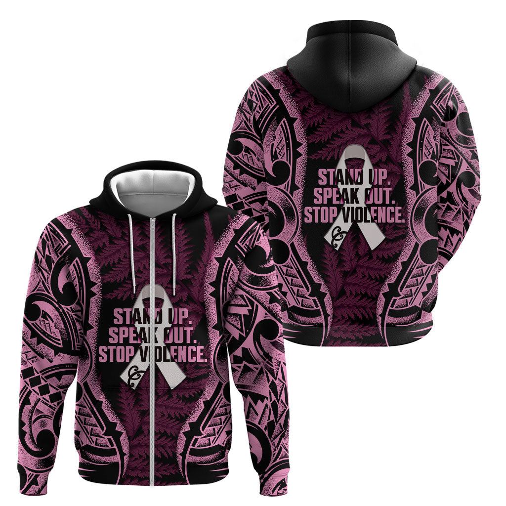 White Ribbon Day New Zealand Zip Hoodie Respect Women Maori Pattern Pink