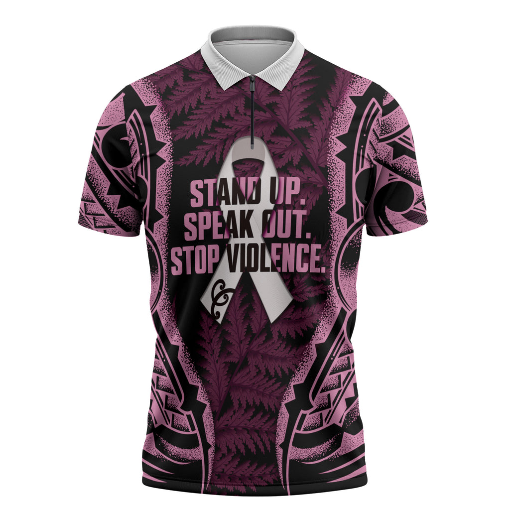 White Ribbon Day New Zealand Zipper Polo Shirt Respect Women Maori Pattern Pink