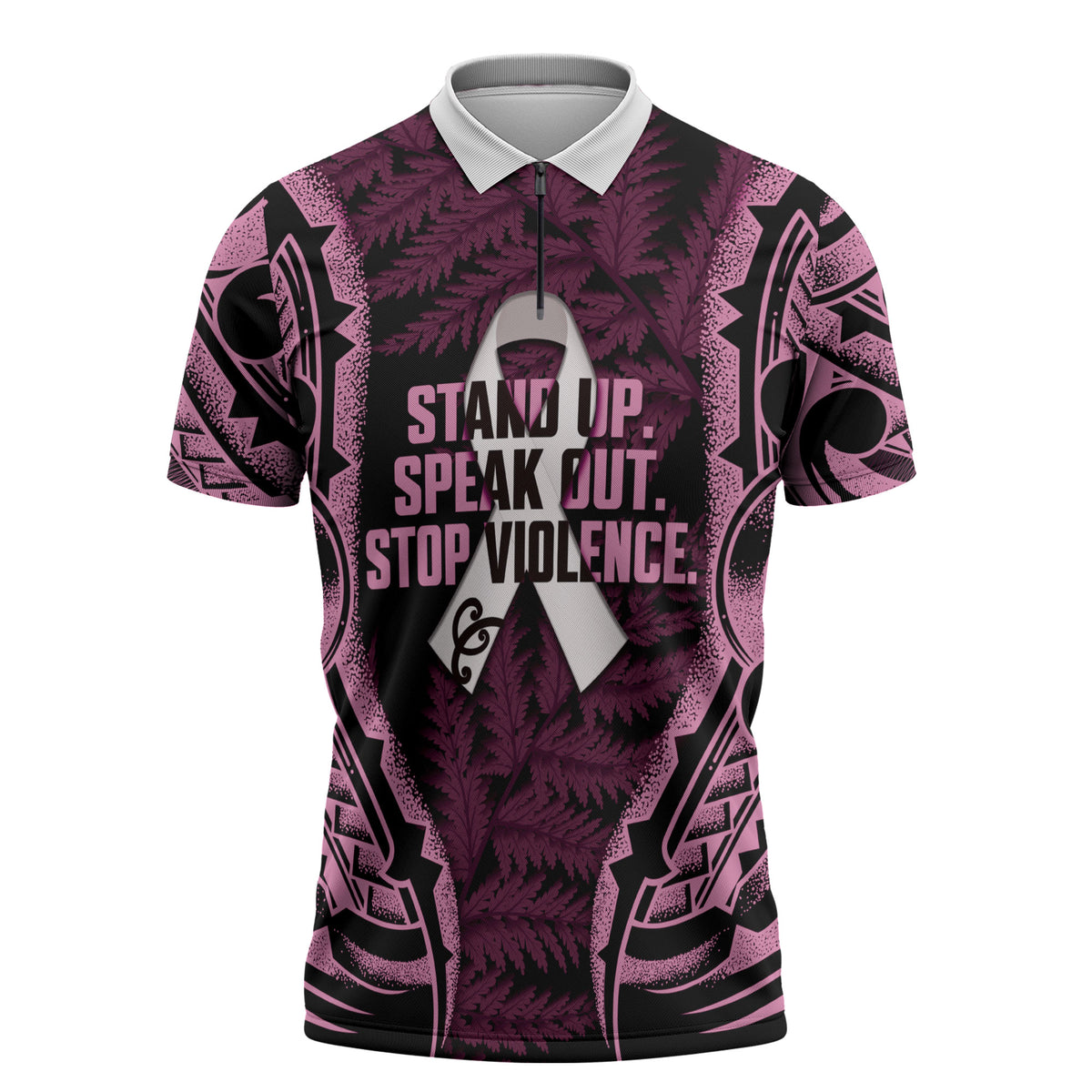 White Ribbon Day New Zealand Zipper Polo Shirt Respect Women Maori Pattern Pink