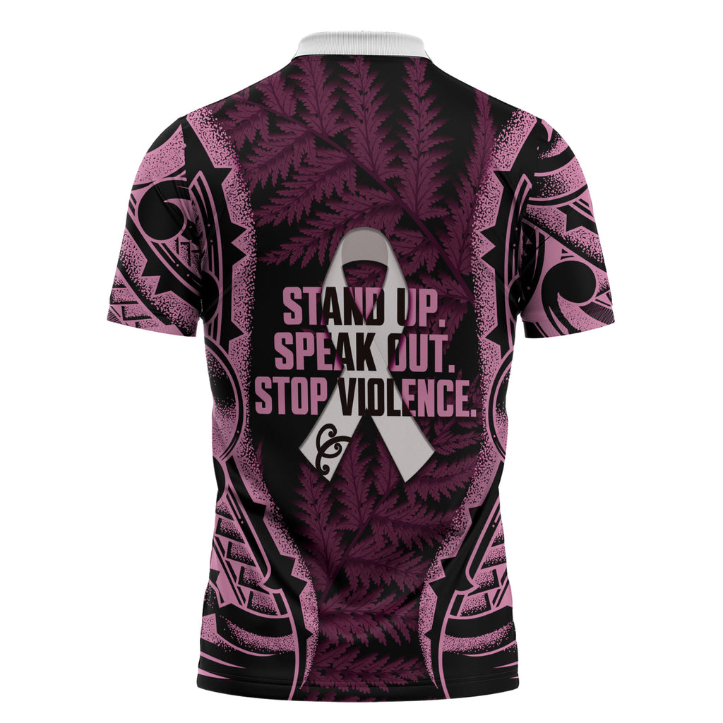 White Ribbon Day New Zealand Zipper Polo Shirt Respect Women Maori Pattern Pink