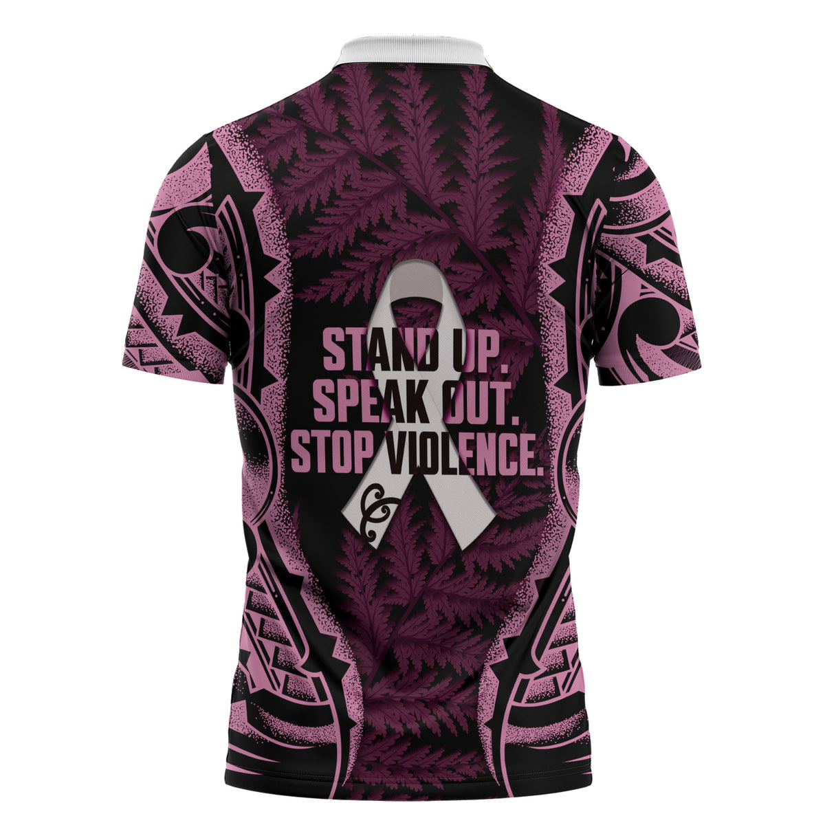 White Ribbon Day New Zealand Zipper Polo Shirt Respect Women Maori Pattern Pink