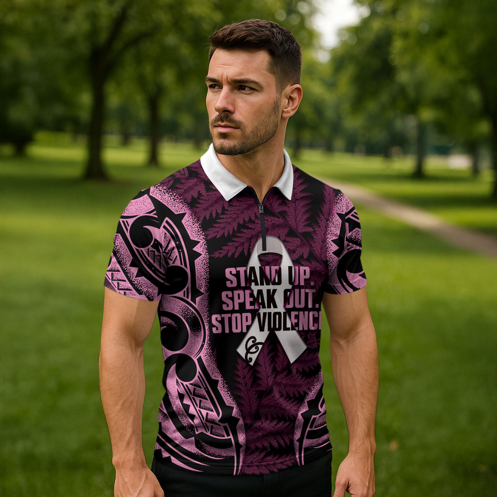 White Ribbon Day New Zealand Zipper Polo Shirt Respect Women Maori Pattern Pink