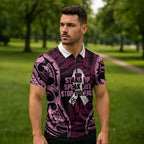 White Ribbon Day New Zealand Zipper Polo Shirt Respect Women Maori Pattern Pink