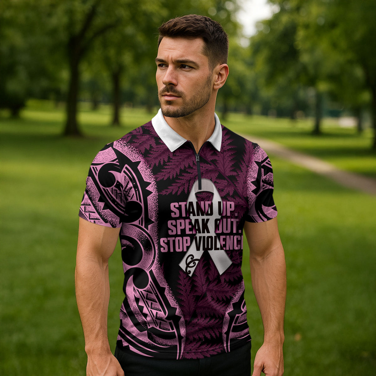 White Ribbon Day New Zealand Zipper Polo Shirt Respect Women Maori Pattern Pink