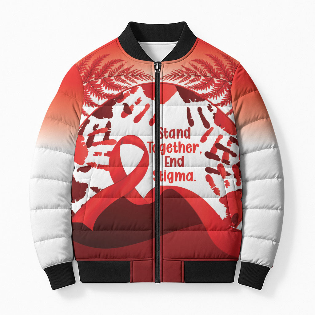 Red Ribbon Day New Zealand Bomber Puffer Jacket Stand Together End Stigma NZ Fern