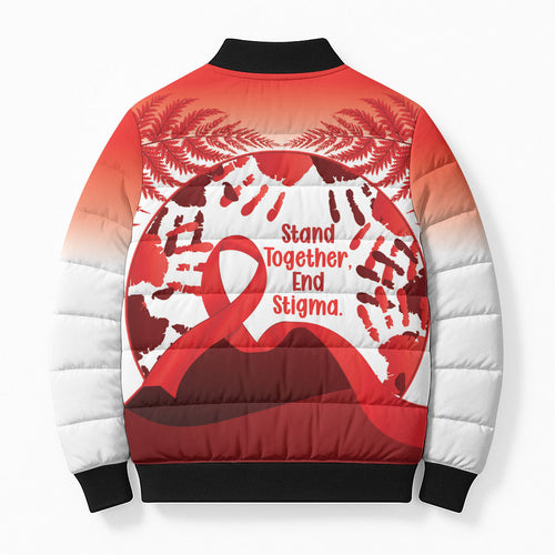 Red Ribbon Day New Zealand Bomber Puffer Jacket Stand Together End Stigma NZ Fern