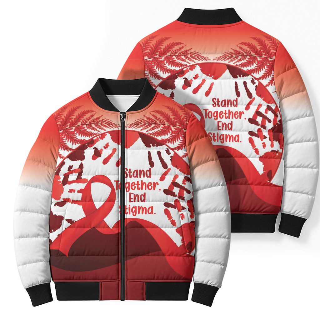 Red Ribbon Day New Zealand Bomber Puffer Jacket Stand Together End Stigma NZ Fern