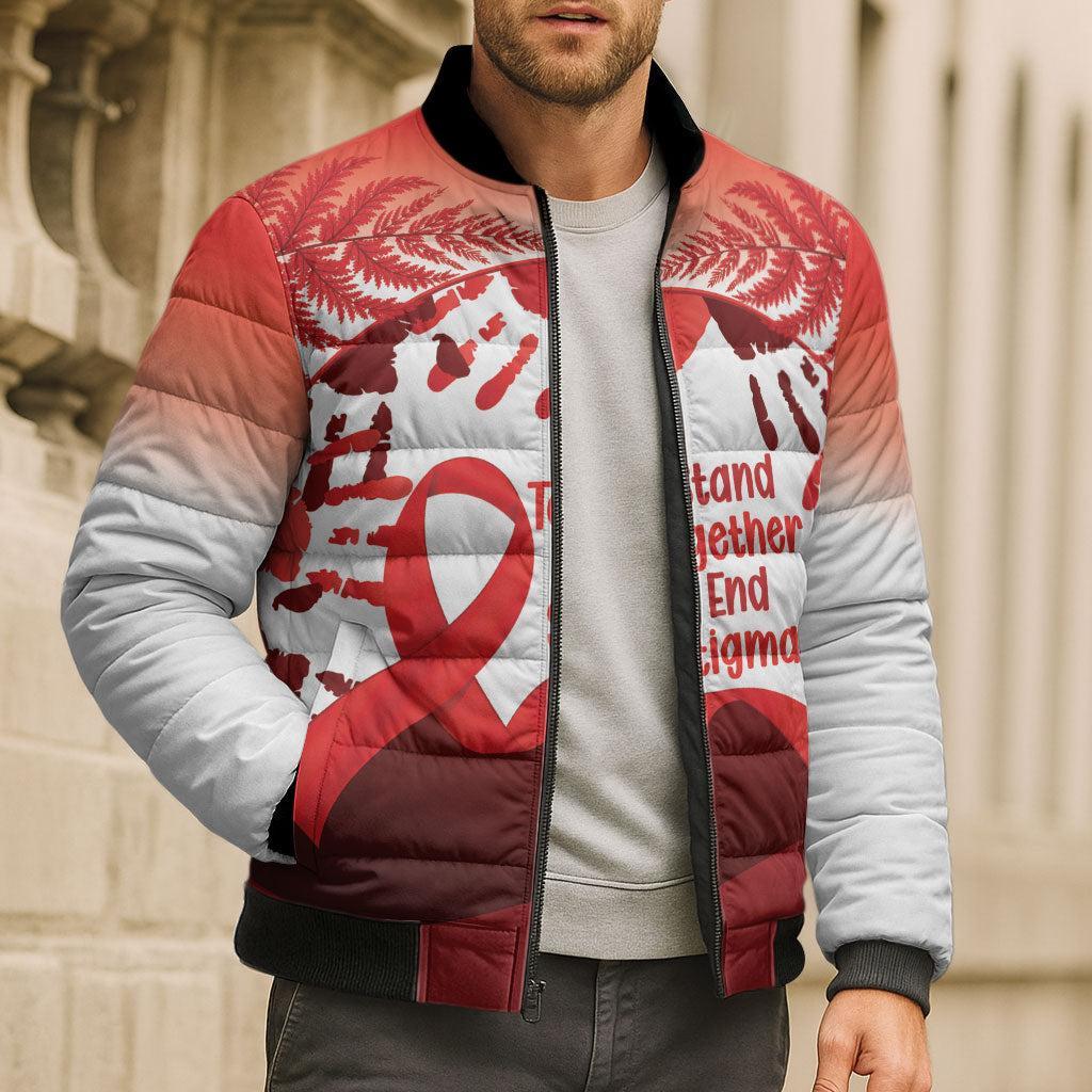 Red Ribbon Day New Zealand Bomber Puffer Jacket Stand Together End Stigma NZ Fern