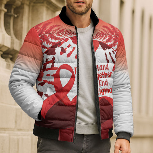 Red Ribbon Day New Zealand Bomber Puffer Jacket Stand Together End Stigma NZ Fern