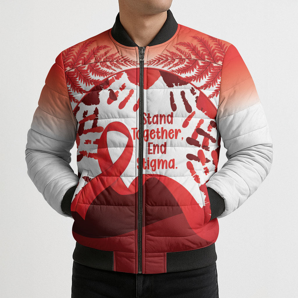 Red Ribbon Day New Zealand Bomber Puffer Jacket Stand Together End Stigma NZ Fern