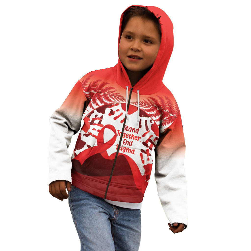 Red Ribbon Day New Zealand Kid Hoodie Stand Together End Stigma NZ Fern