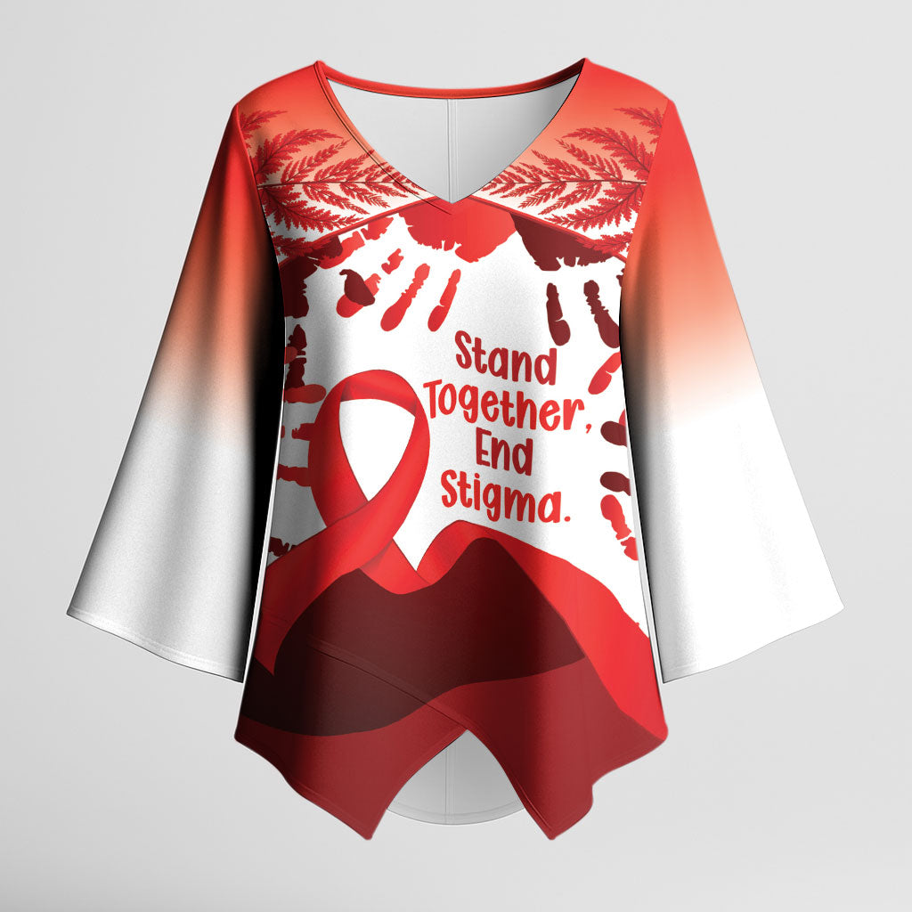 Red Ribbon Day New Zealand Kimono Sleeve Blouse Stand Together End Stigma NZ Fern