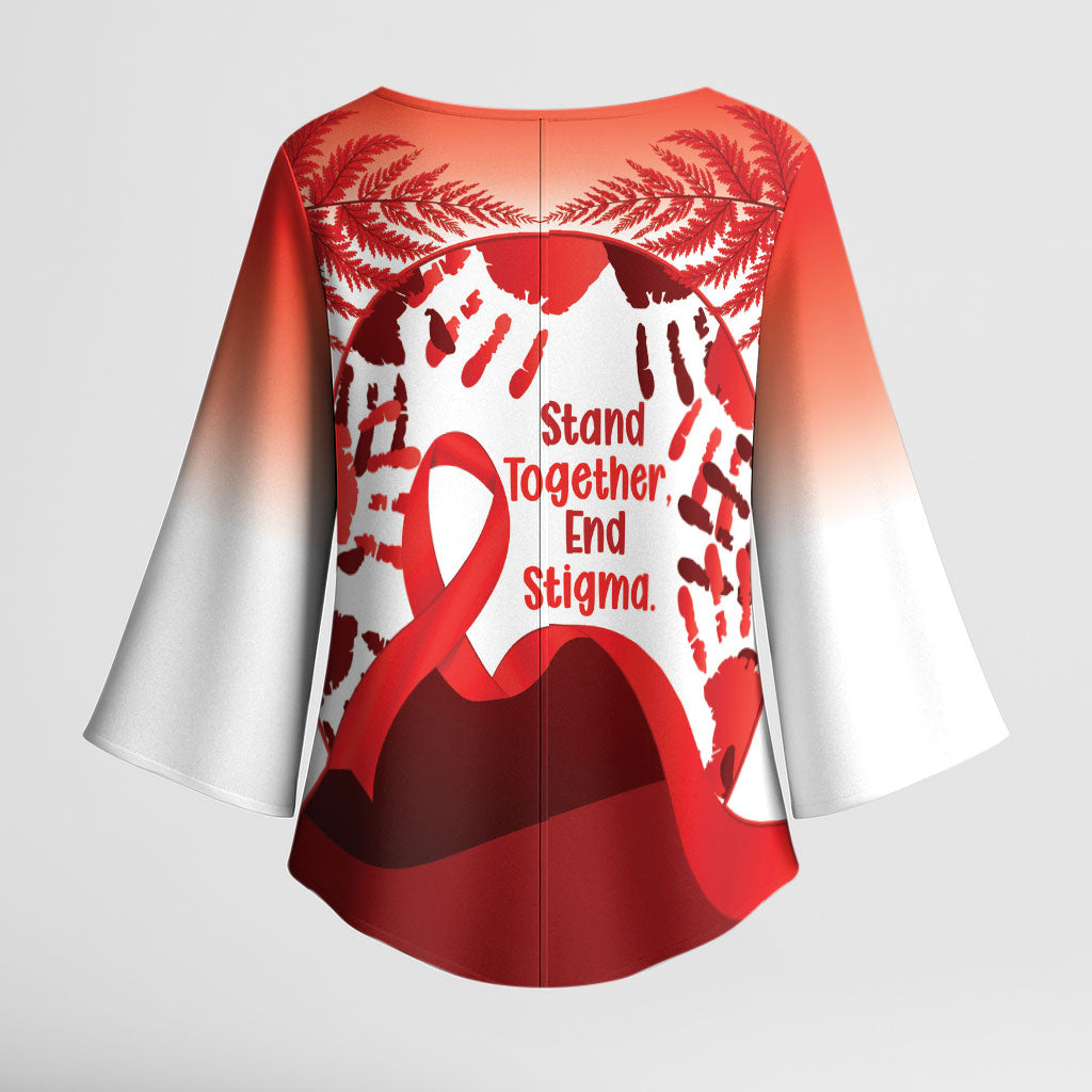 Red Ribbon Day New Zealand Kimono Sleeve Blouse Stand Together End Stigma NZ Fern