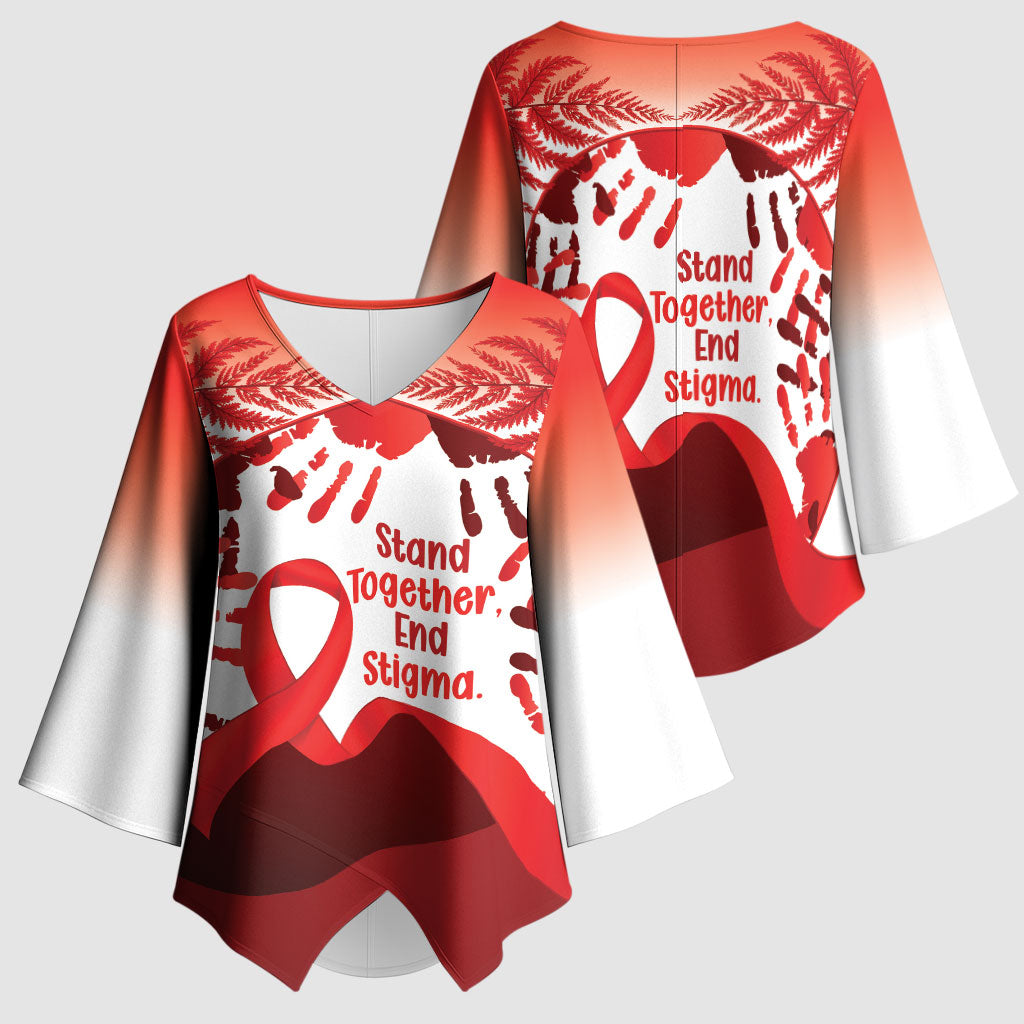 Red Ribbon Day New Zealand Kimono Sleeve Blouse Stand Together End Stigma NZ Fern