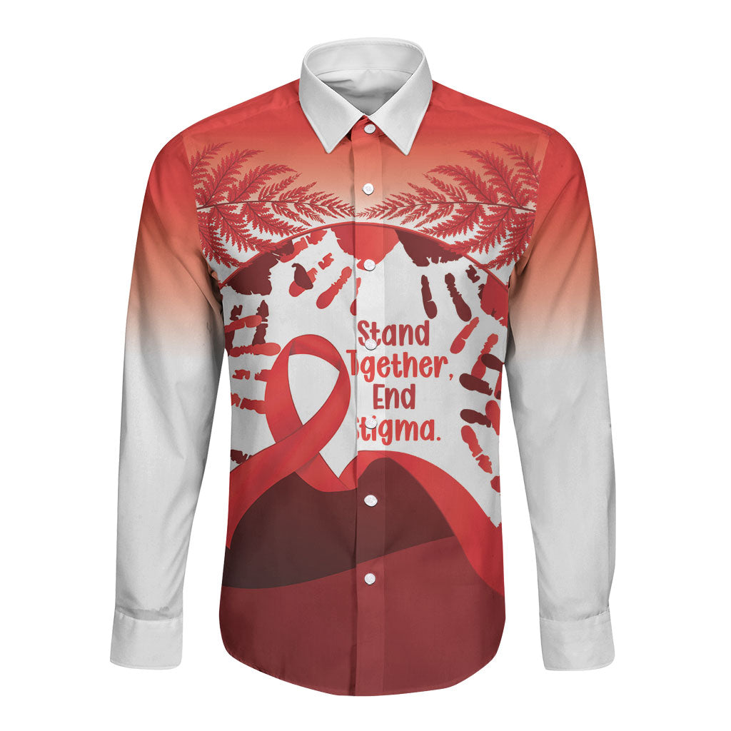 Red Ribbon Day New Zealand Long Sleeve Button Shirt Stand Together End Stigma NZ Fern