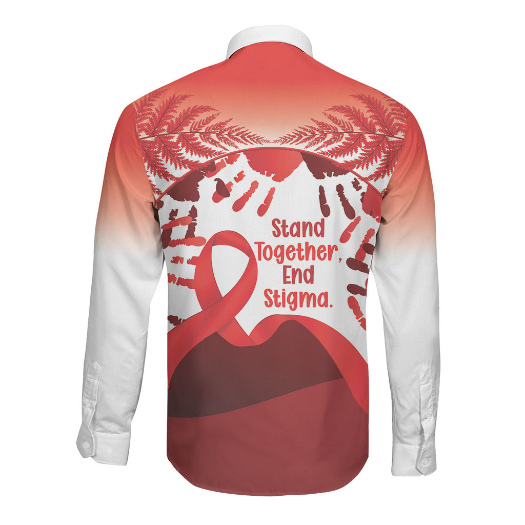 Red Ribbon Day New Zealand Long Sleeve Button Shirt Stand Together End Stigma NZ Fern