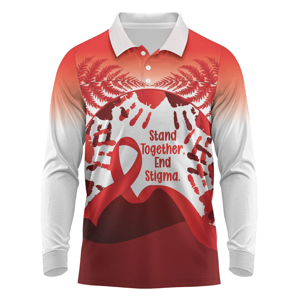 Red Ribbon Day New Zealand Long Sleeve Polo Shirt Stand Together End Stigma NZ Fern