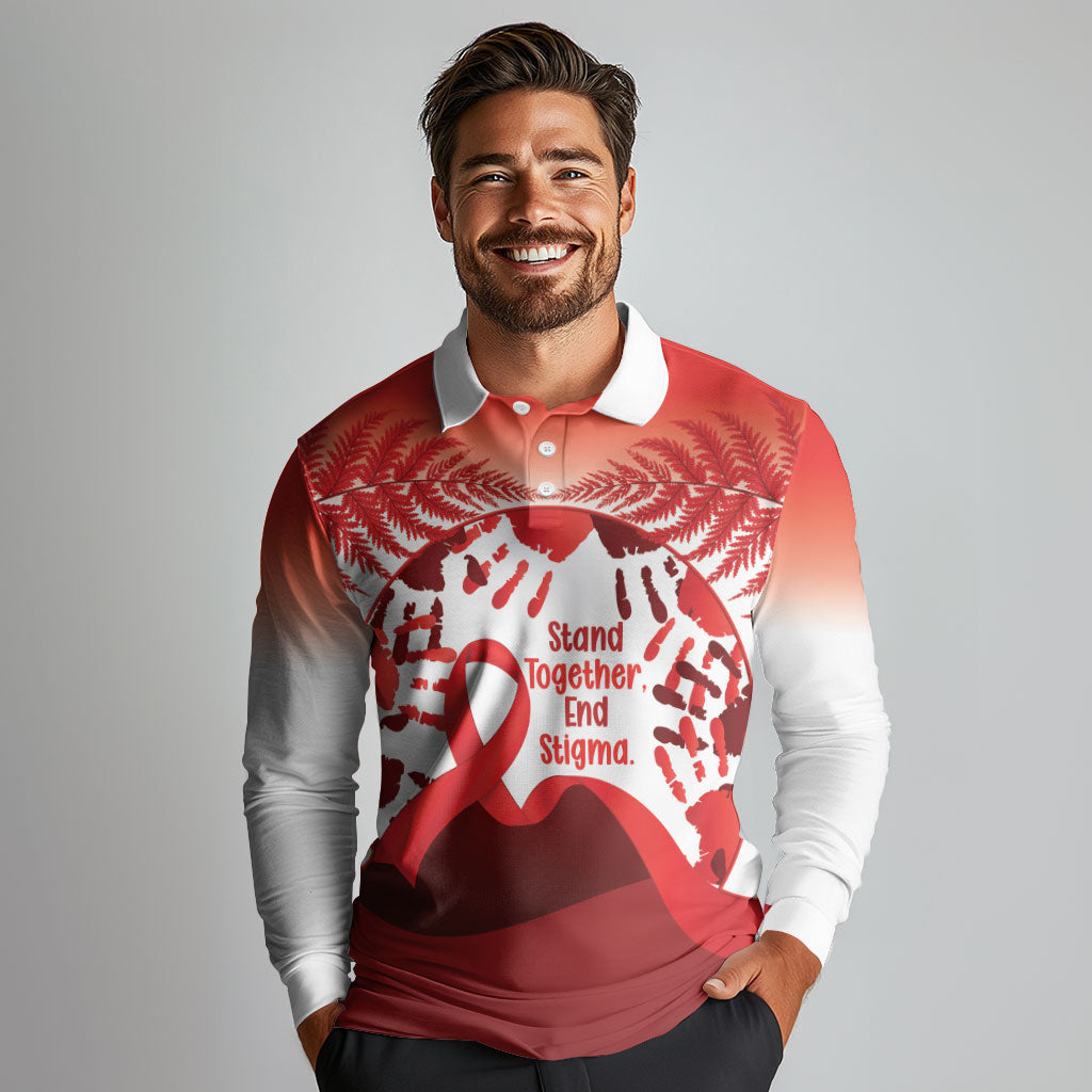 Red Ribbon Day New Zealand Long Sleeve Polo Shirt Stand Together End Stigma NZ Fern