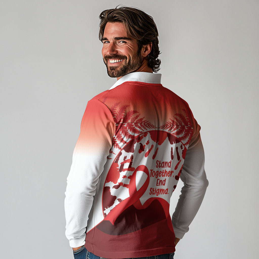 Red Ribbon Day New Zealand Long Sleeve Polo Shirt Stand Together End Stigma NZ Fern