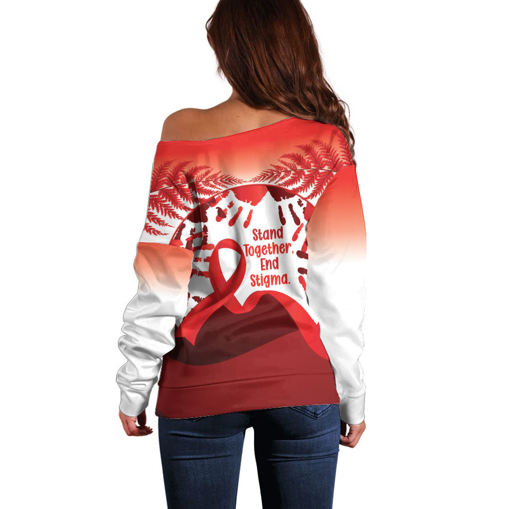 Red Ribbon Day New Zealand Off Shoulder Sweater Stand Together End Stigma NZ Fern