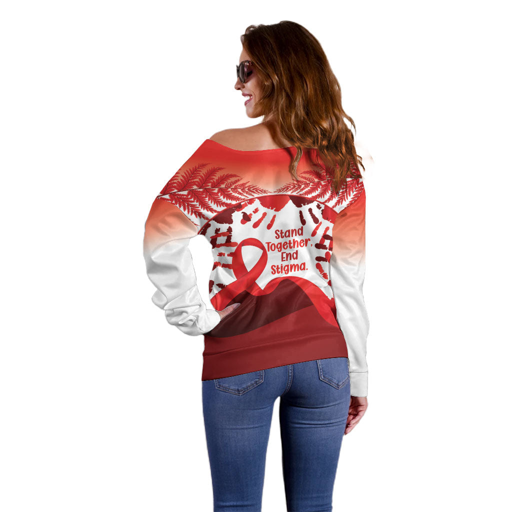 Red Ribbon Day New Zealand Off Shoulder Sweater Stand Together End Stigma NZ Fern