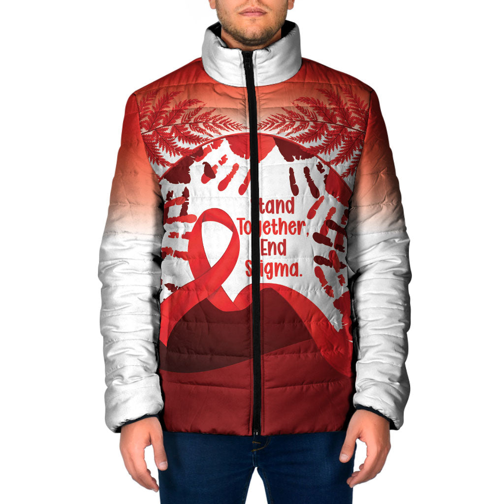 Red Ribbon Day New Zealand Padded Jacket Stand Together End Stigma NZ Fern