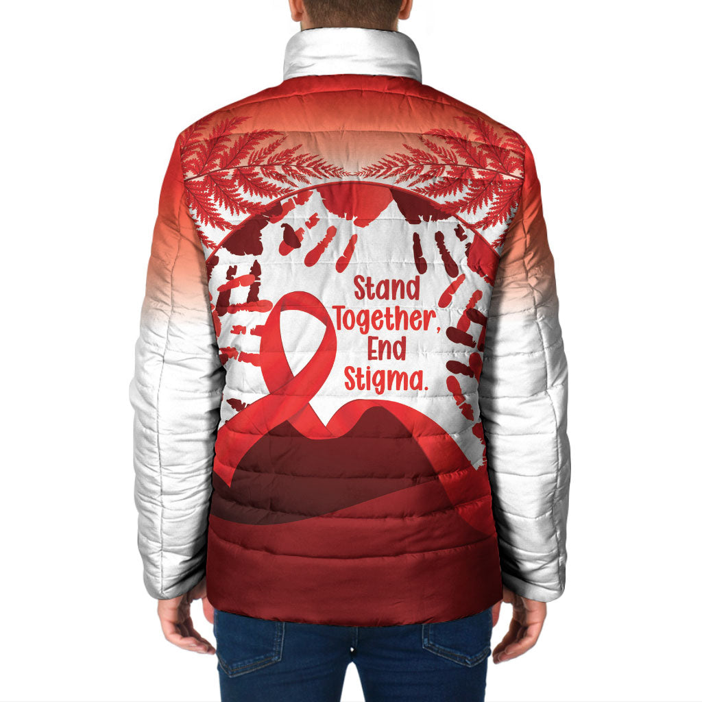 Red Ribbon Day New Zealand Padded Jacket Stand Together End Stigma NZ Fern
