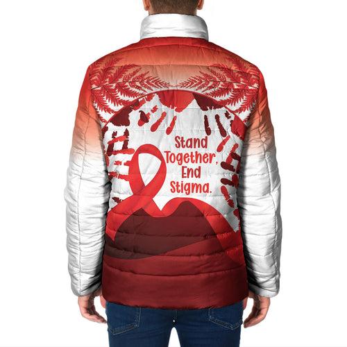 Red Ribbon Day New Zealand Padded Jacket Stand Together End Stigma NZ Fern